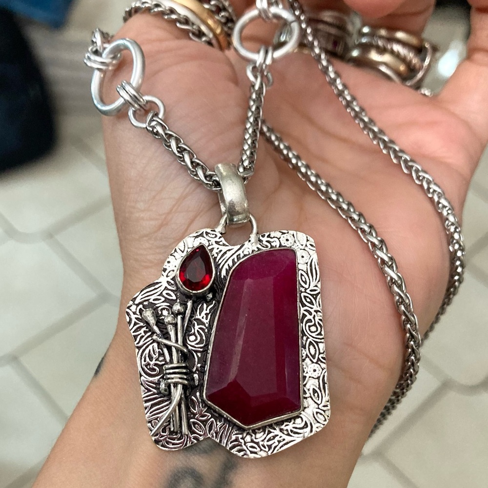 Genuine Garnet & pink Indian ruby gemstones boho charm silver necklace - Picture 5 of 16